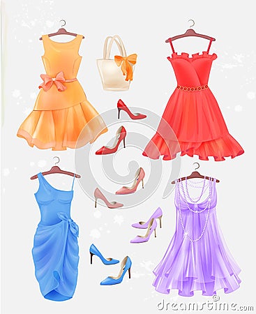 Set of dresses, bag and high-heeled shoes. Dresses and shoes Vector Illustration